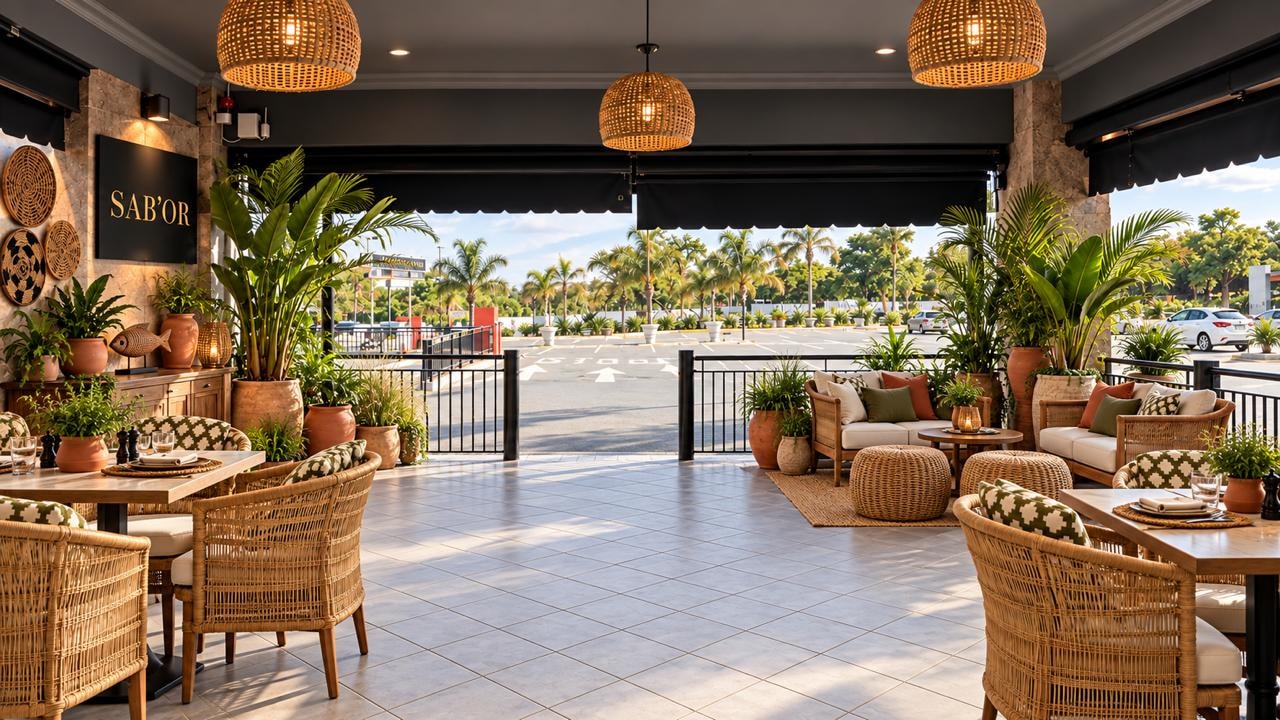 The SAB'OR patio with rattan chairs and potted greenery
